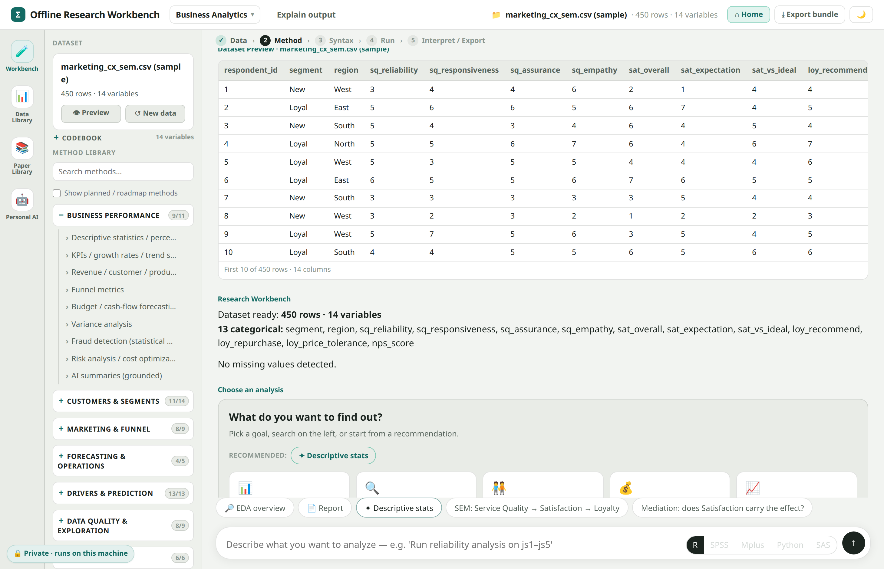 A customer survey loaded, with a codebook and recommended methods