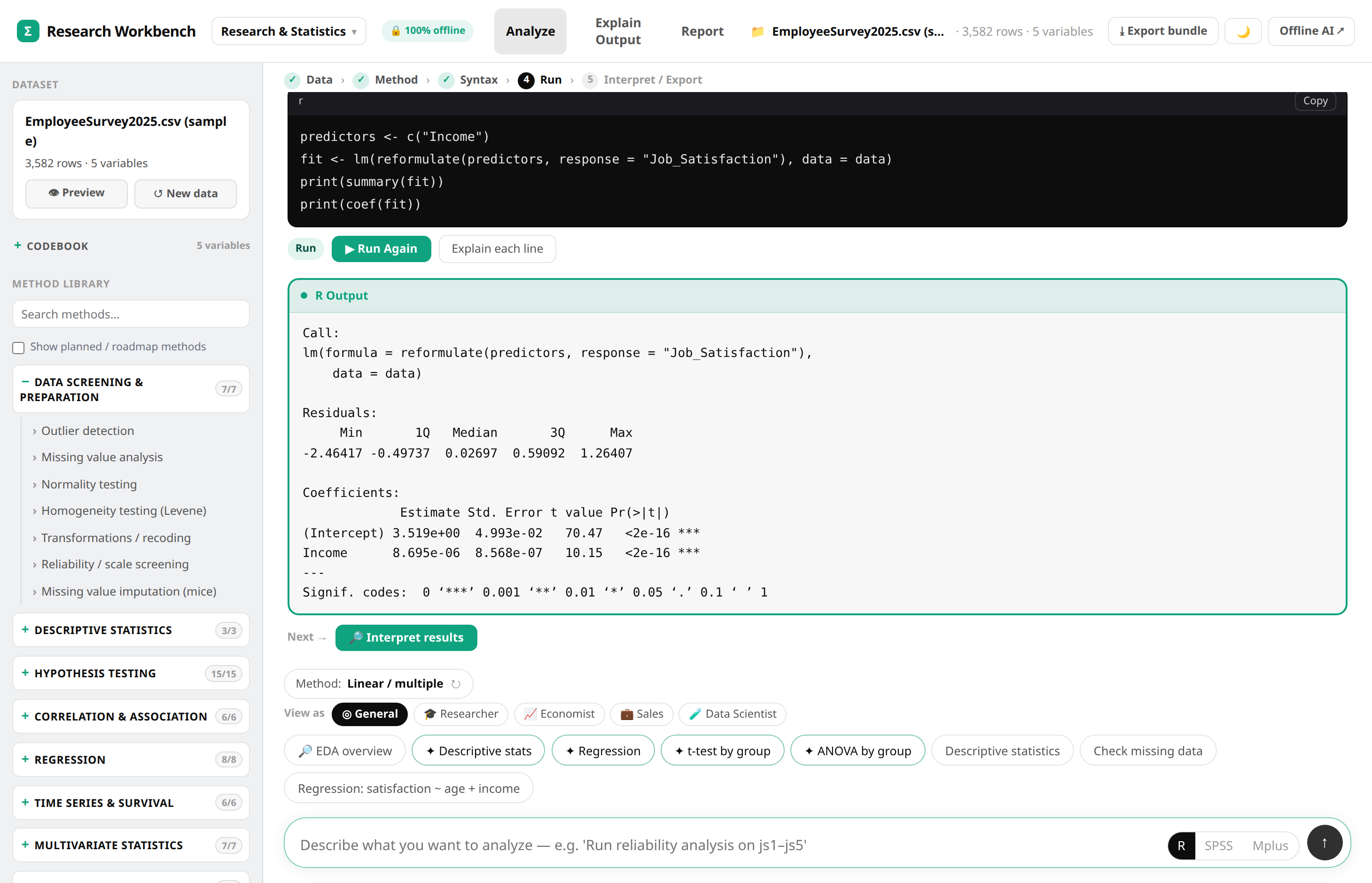 The box doing real work: generated code and a verified results panel with the real numbers